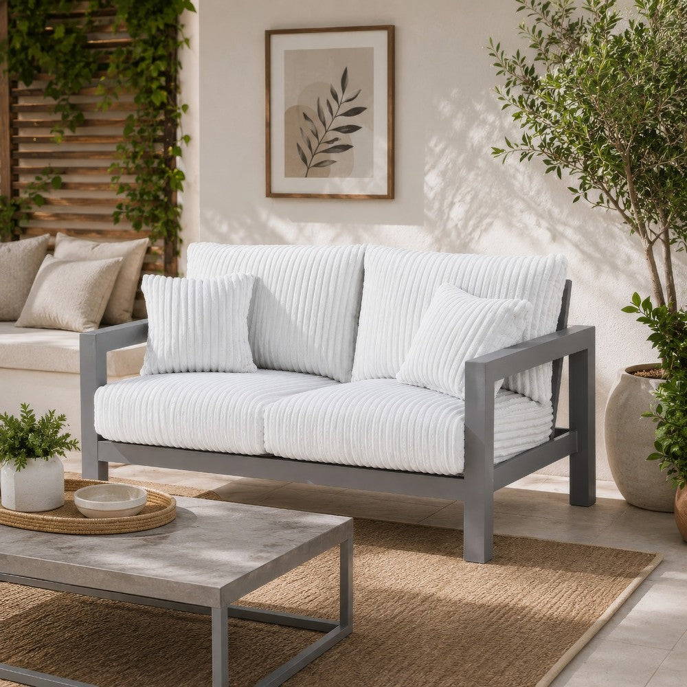 Jazzy Outdoor Loveseat with 2 Accent Pillows | Gray Aluminum Frame 62"