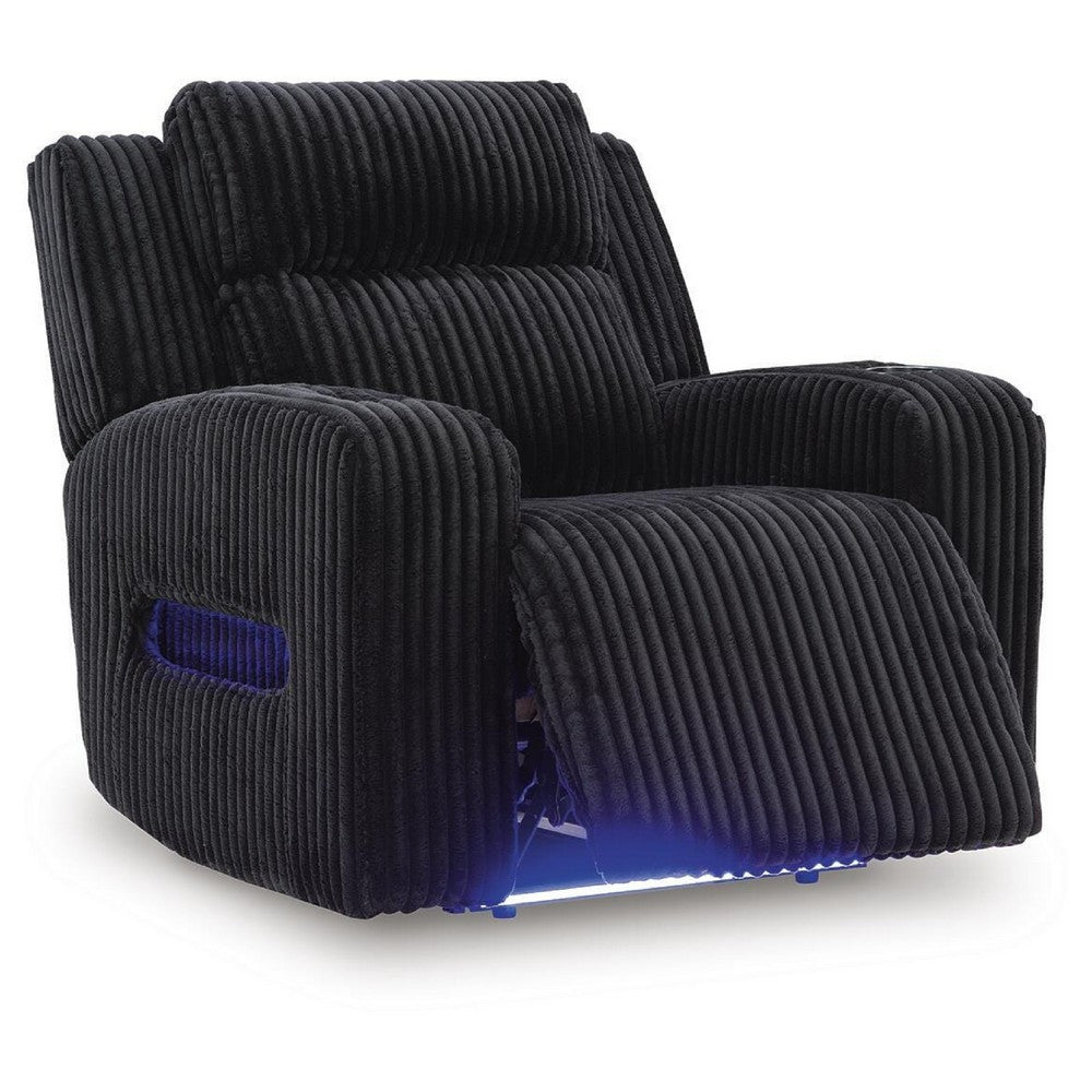 Rumy Power Recliner Chair with Blue LED | Cup-Holder | Black Corded Polyester