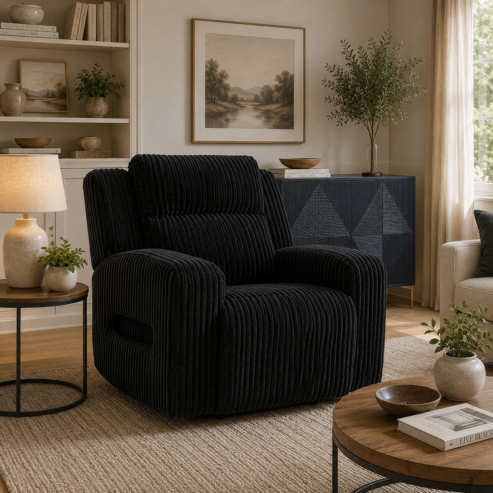 Rumy Power Recliner Chair with Blue LED | Cup-Holder | Black Corded Polyester