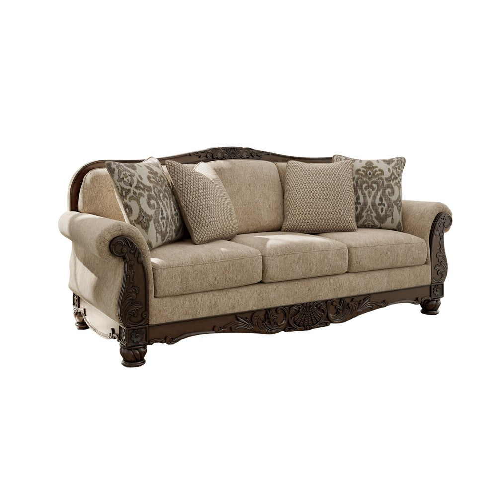 Chelsy Traditional Sofa w Carvings | Dark Brown Wood | Golden Polyester 93"