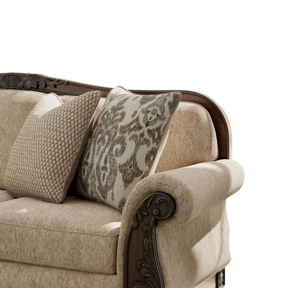 Chelsy Traditional Sofa w Carvings | Dark Brown Wood | Golden Polyester 93"