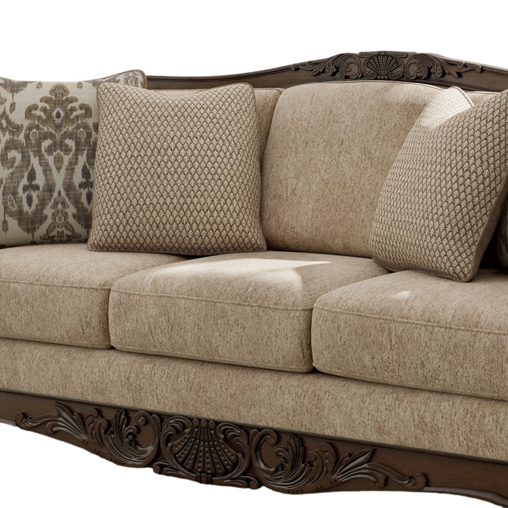 Chelsy Traditional Sofa w Carvings | Dark Brown Wood | Golden Polyester 93"