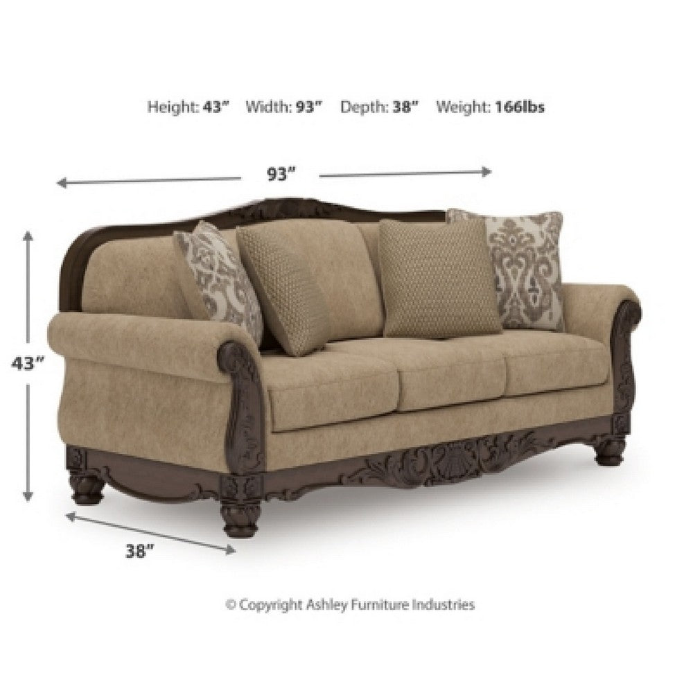 Chelsy Traditional Sofa w Carvings | Dark Brown Wood | Golden Polyester 93"