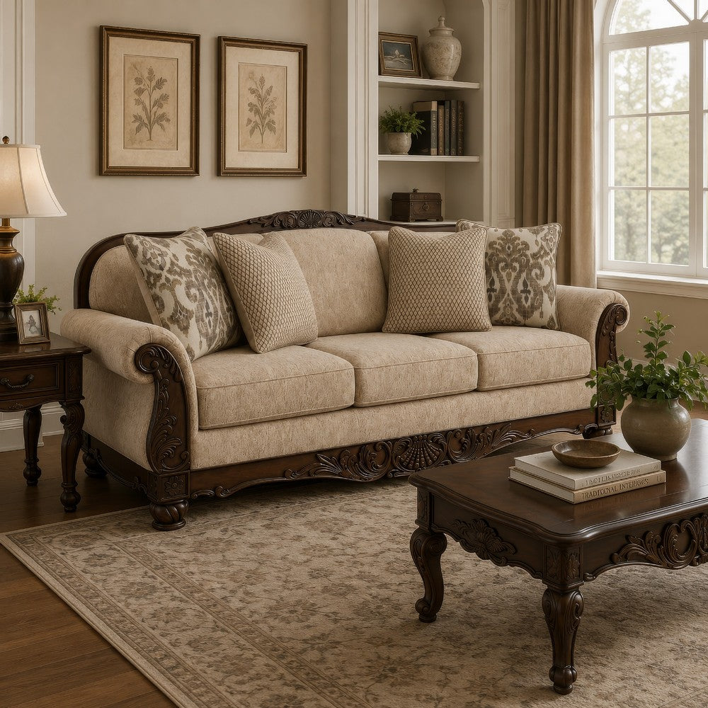 Chelsy Traditional Sofa w Carvings | Dark Brown Wood | Golden Polyester 93"