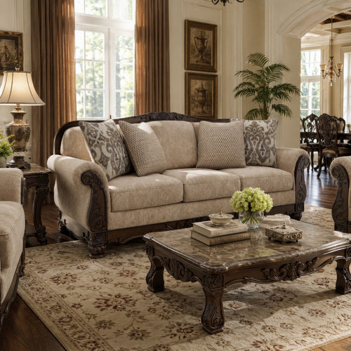 Chelsy Traditional Sofa w Carvings | Dark Brown Wood | Golden Polyester 93"