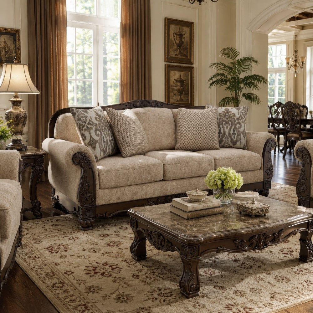 Chelsy Traditional Sofa w Carvings | Dark Brown Wood | Golden Polyester 93"