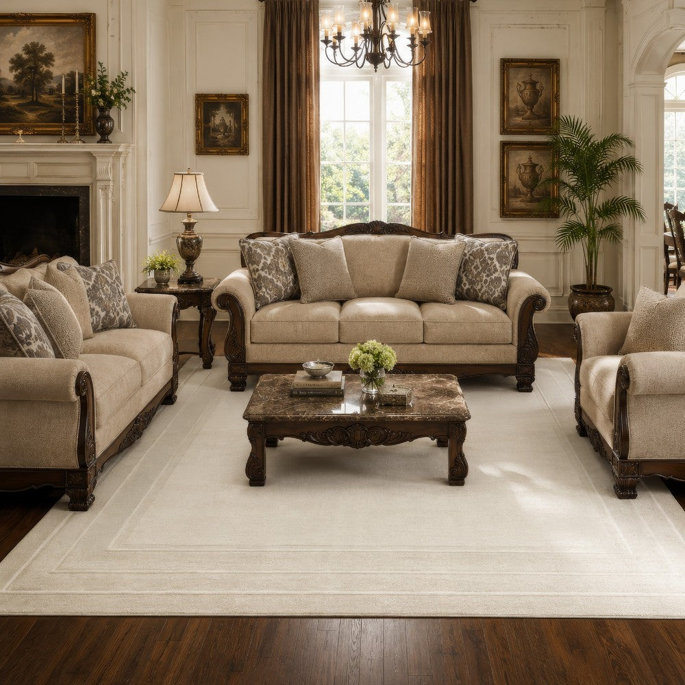 Teena Extra Large Area Rug with Border Design | Ivory Wool 9x13