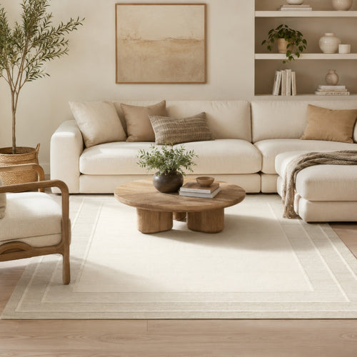 Teena Extra Large Area Rug with Border Design | Ivory Wool 9x13