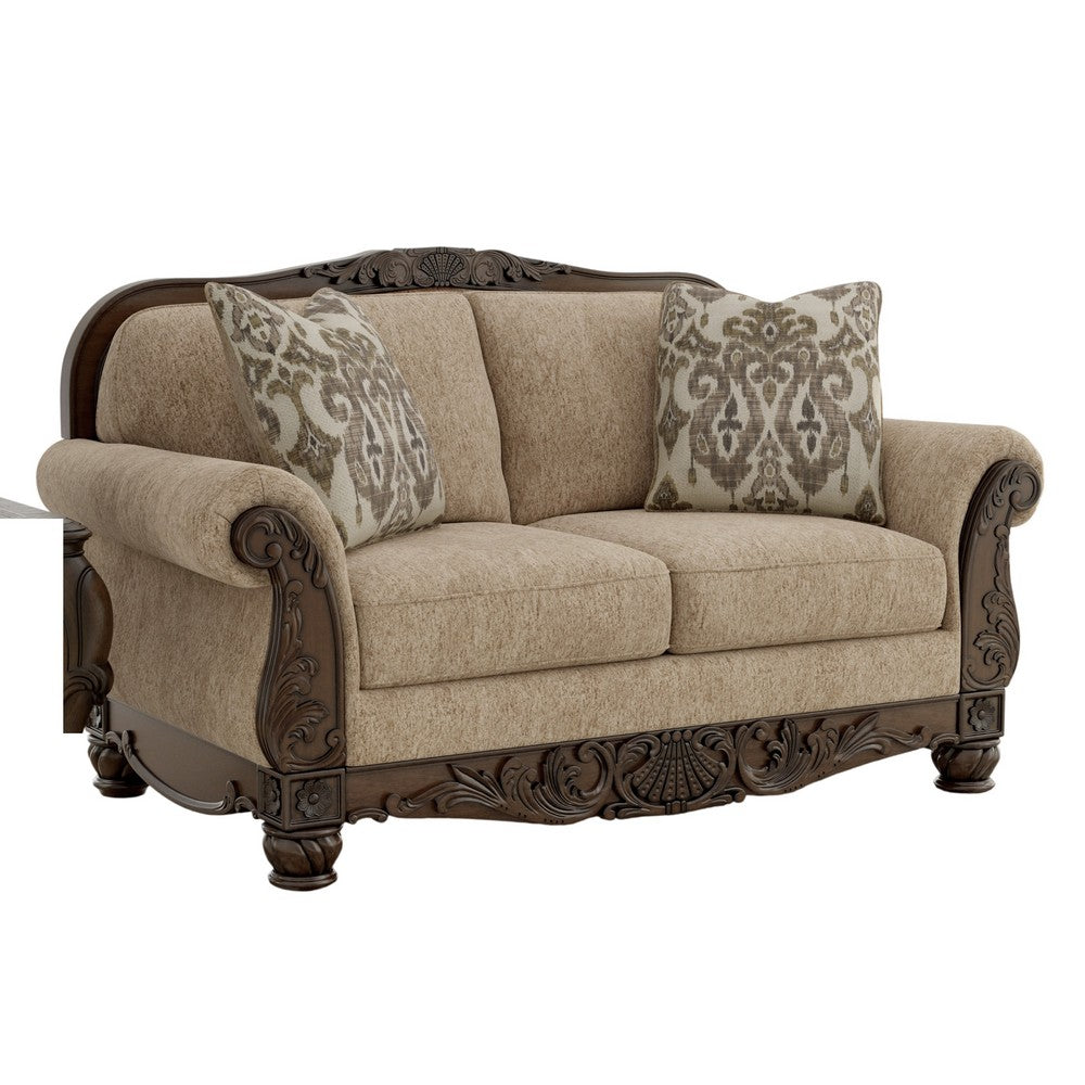 Chelsy Loveseat w 2 Pillows | Carving | Dark Brown Wood | Golden Polyester 68"