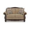 Chelsy Loveseat w 2 Pillows | Carving | Dark Brown Wood | Golden Polyester 68"