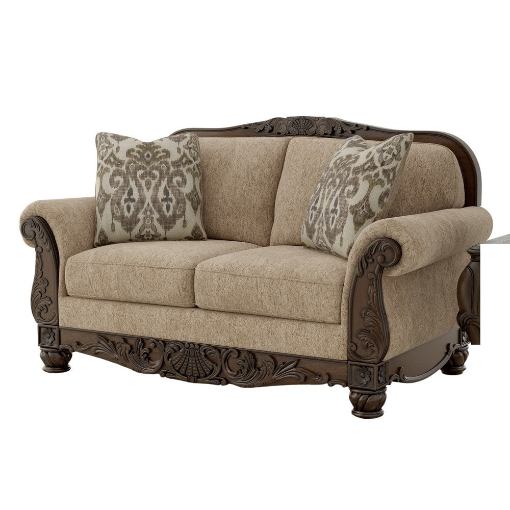 Chelsy Loveseat w 2 Pillows | Carving | Dark Brown Wood | Golden Polyester 68"