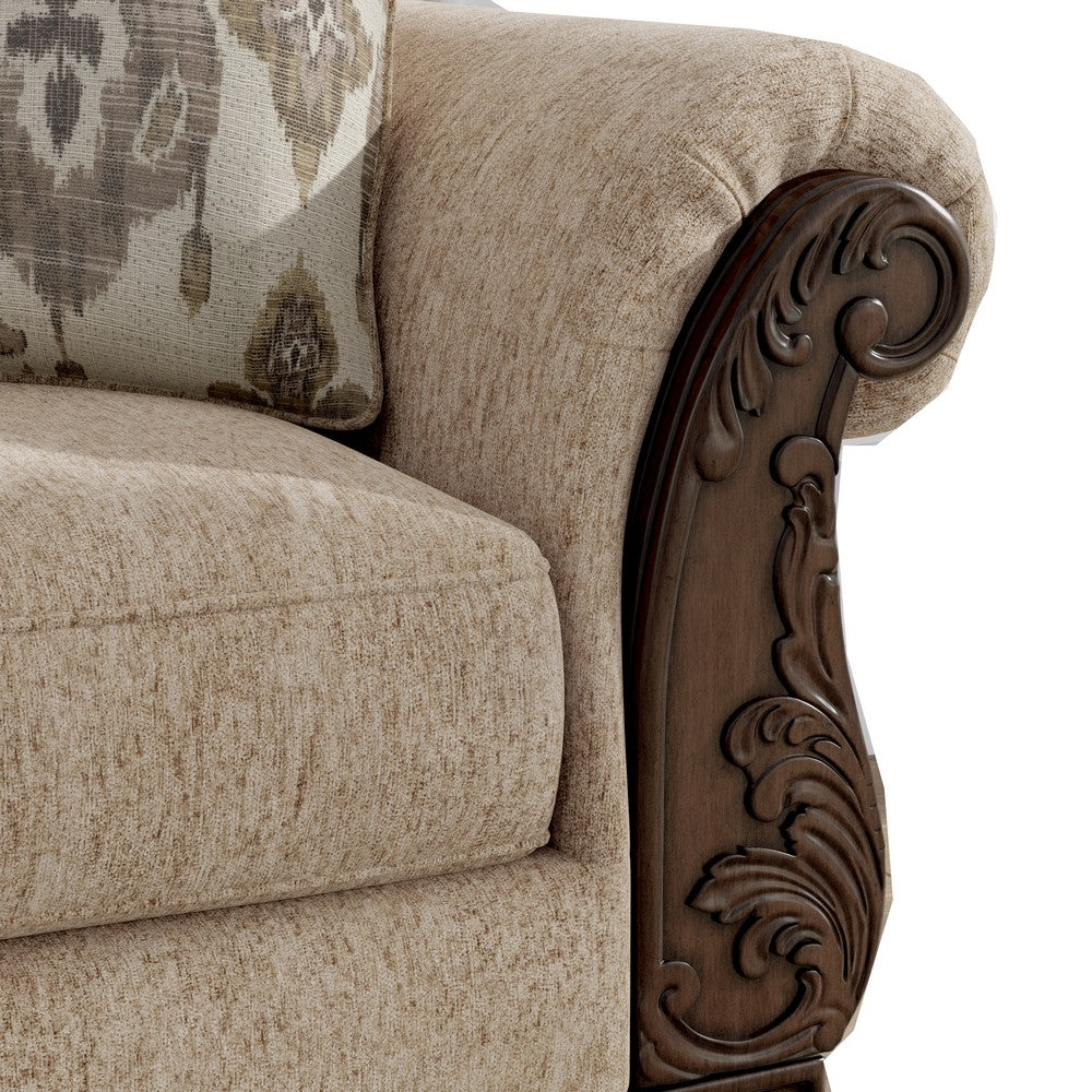 Chelsy Loveseat w 2 Pillows | Carving | Dark Brown Wood | Golden Polyester 68"