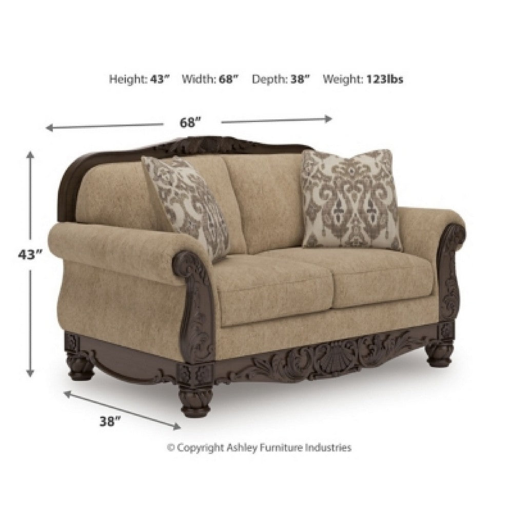 Chelsy Loveseat w 2 Pillows | Carving | Dark Brown Wood | Golden Polyester 68"