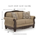 Chelsy Loveseat w 2 Pillows | Carving | Dark Brown Wood | Golden Polyester 68"