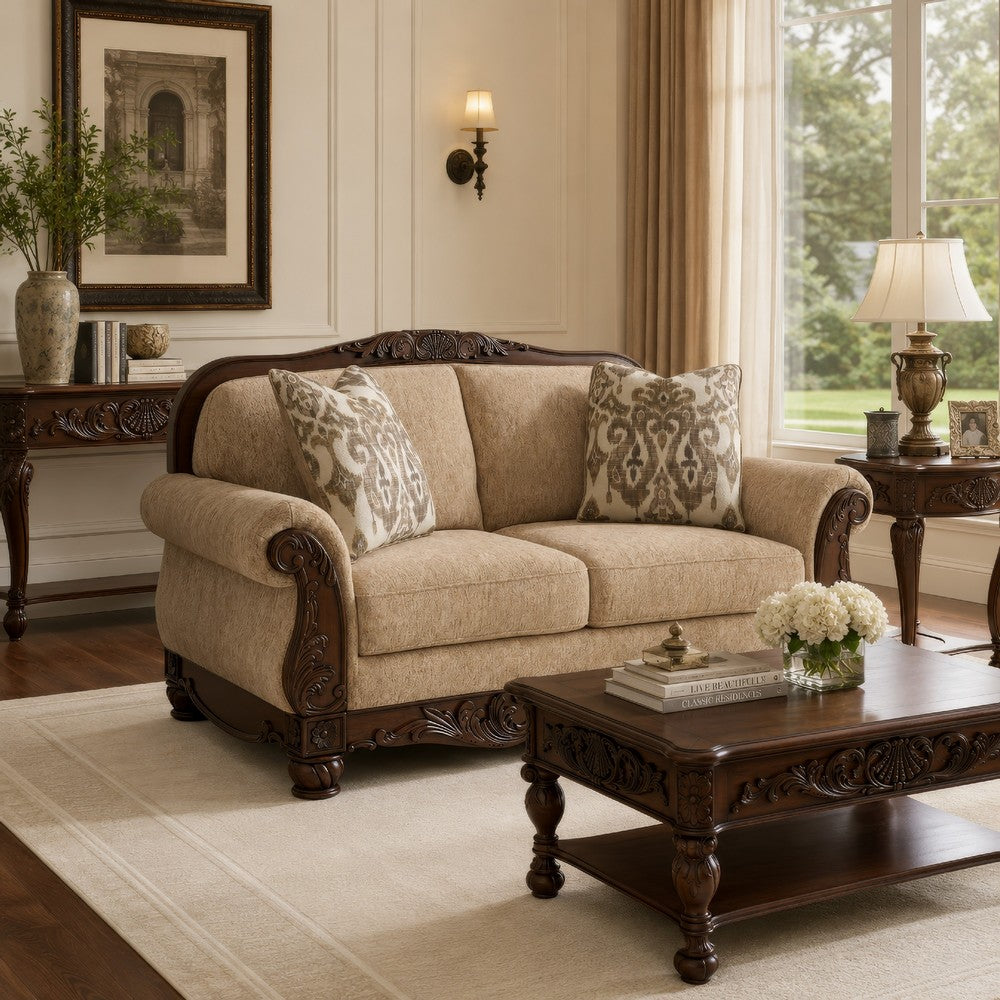 Chelsy Loveseat w 2 Pillows | Carving | Dark Brown Wood | Golden Polyester 68"