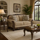 Chelsy Loveseat w 2 Pillows | Carving | Dark Brown Wood | Golden Polyester 68"