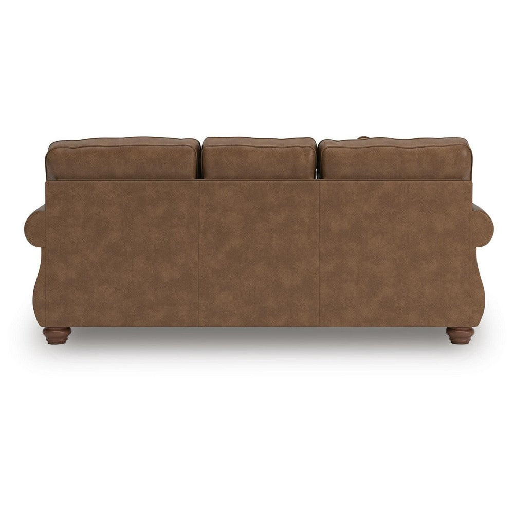 Cyrus Sofa with Nailhead Trim | 2 Accent Pillows | Brown Faux Leather 92"