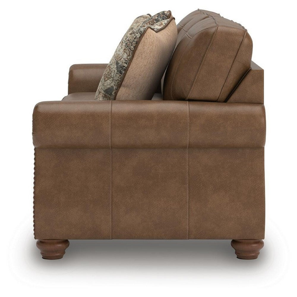 Cyrus Sofa with Nailhead Trim | 2 Accent Pillows | Brown Faux Leather 92"