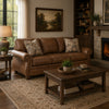 Cyrus Sofa with Nailhead Trim | 2 Accent Pillows | Brown Faux Leather 92"