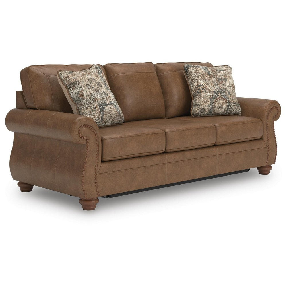 Cyrus Queen Sofa Sleeper Bed with 2 Accent Pillows | Brown Faux Leather 92"
