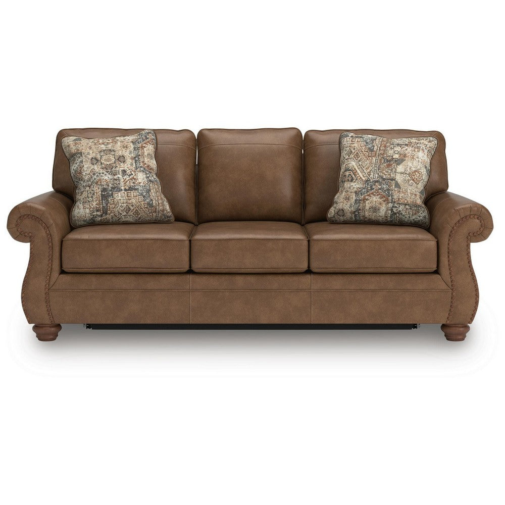 Cyrus Queen Sofa Sleeper Bed with 2 Accent Pillows | Brown Faux Leather 92"