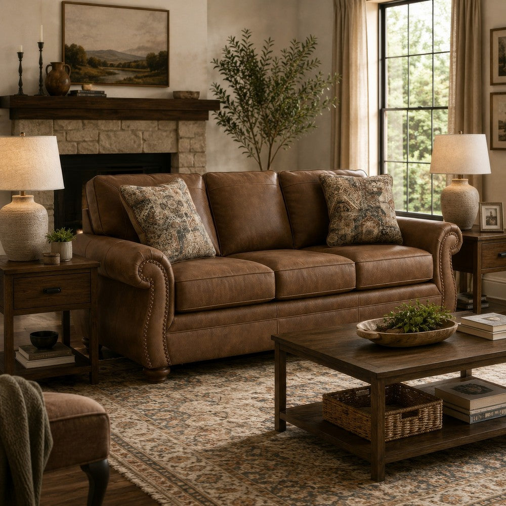 Cyrus Queen Sofa Sleeper Bed with 2 Accent Pillows | Brown Faux Leather 92"
