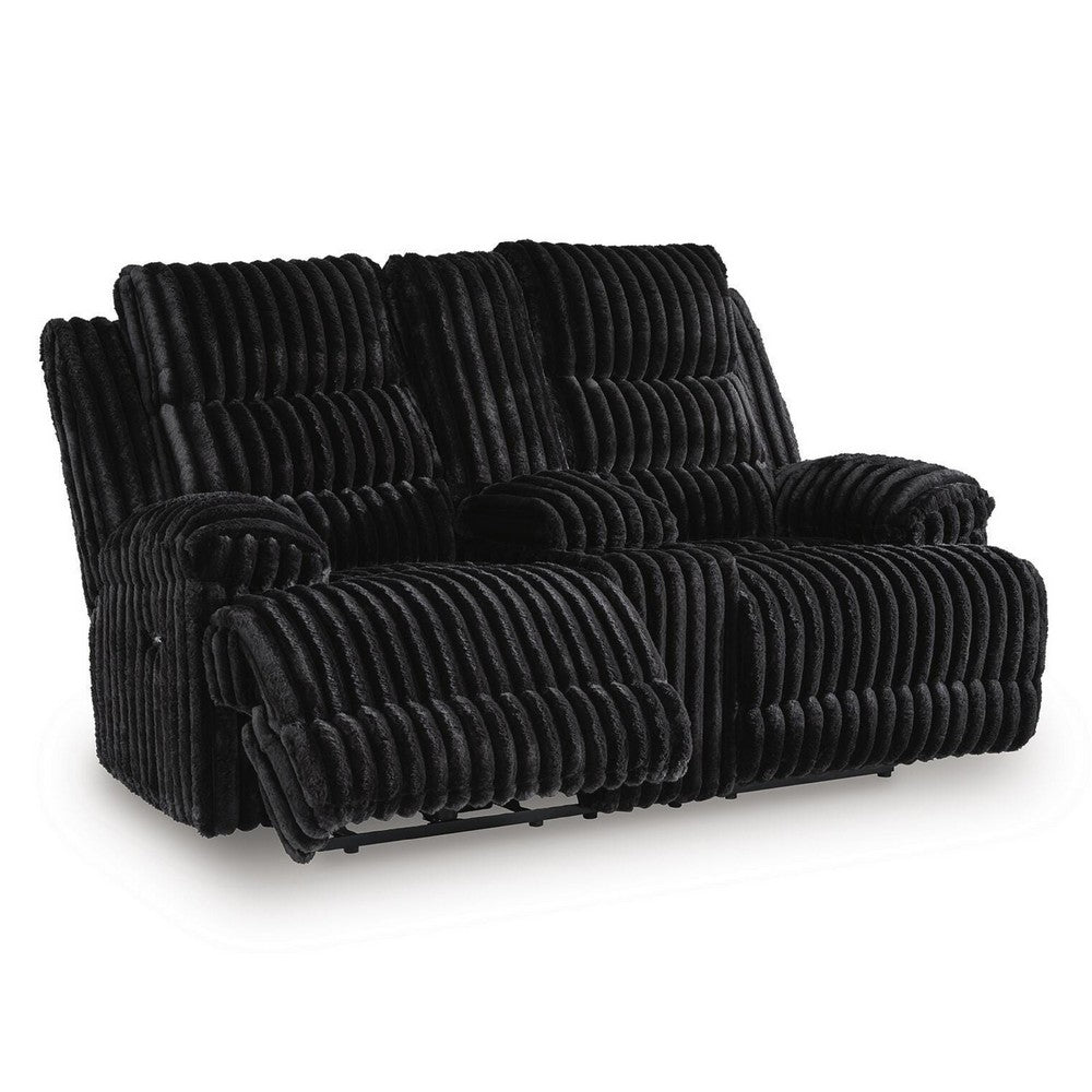 Becca Power Reclining Loveseat Console and Storage | Onyx Black Corduroy