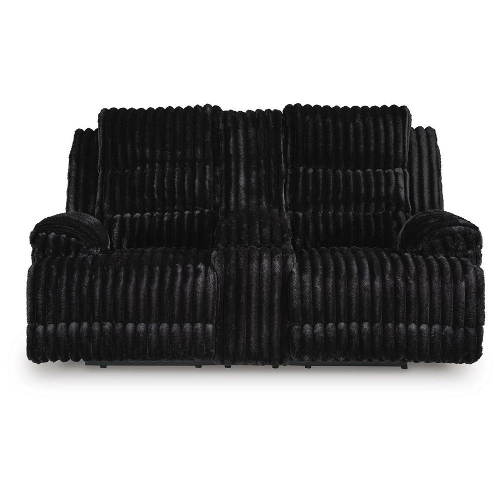 Becca Power Reclining Loveseat Console and Storage | Onyx Black Corduroy