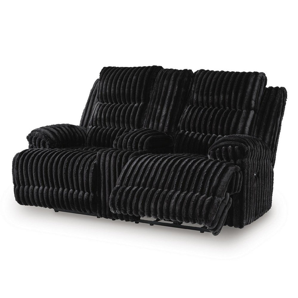 Becca Power Reclining Loveseat Console and Storage | Onyx Black Corduroy