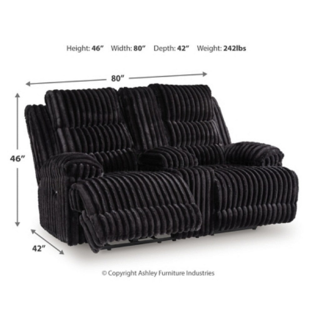 Becca Power Reclining Loveseat Console and Storage | Onyx Black Corduroy