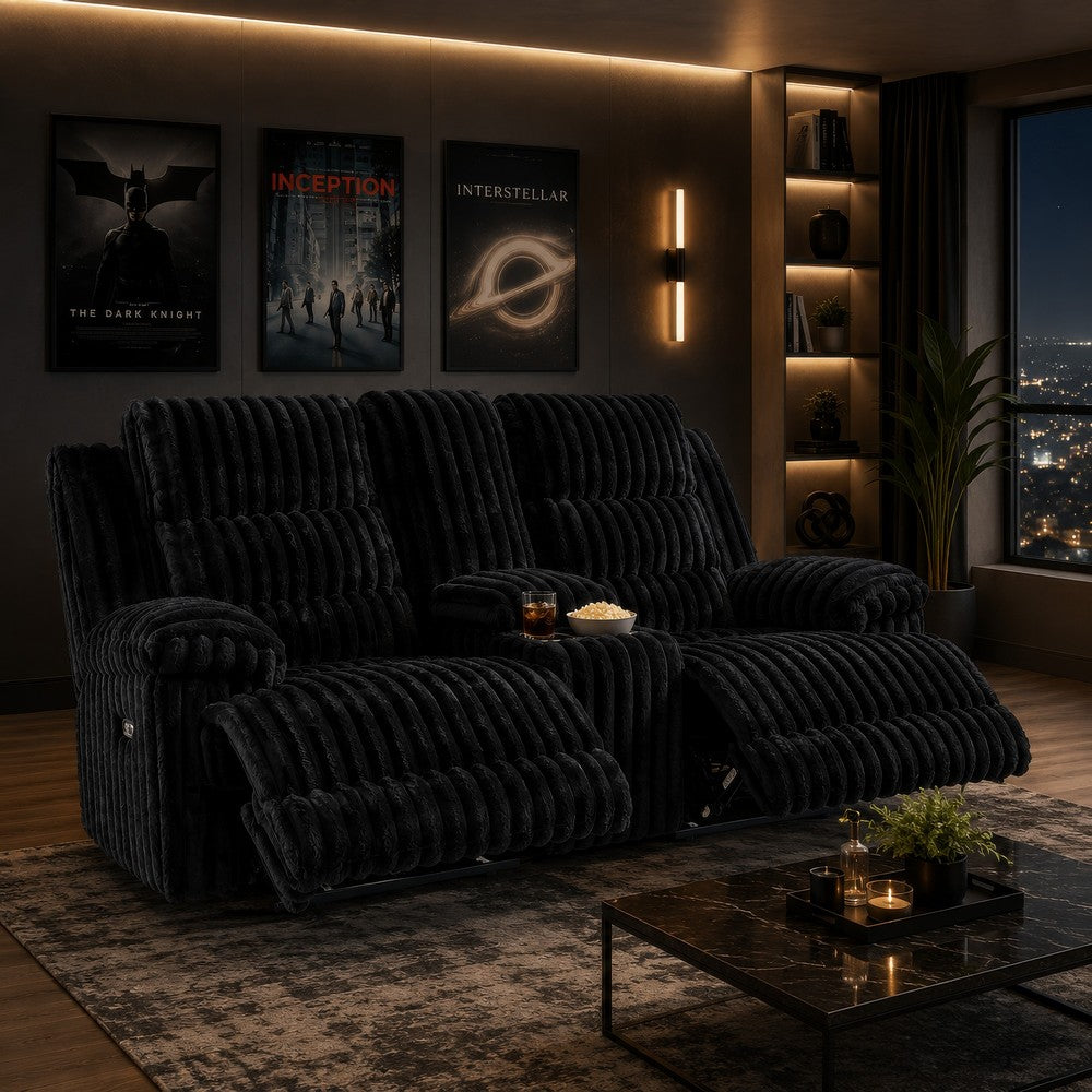 Becca Power Reclining Loveseat Console and Storage | Onyx Black Corduroy