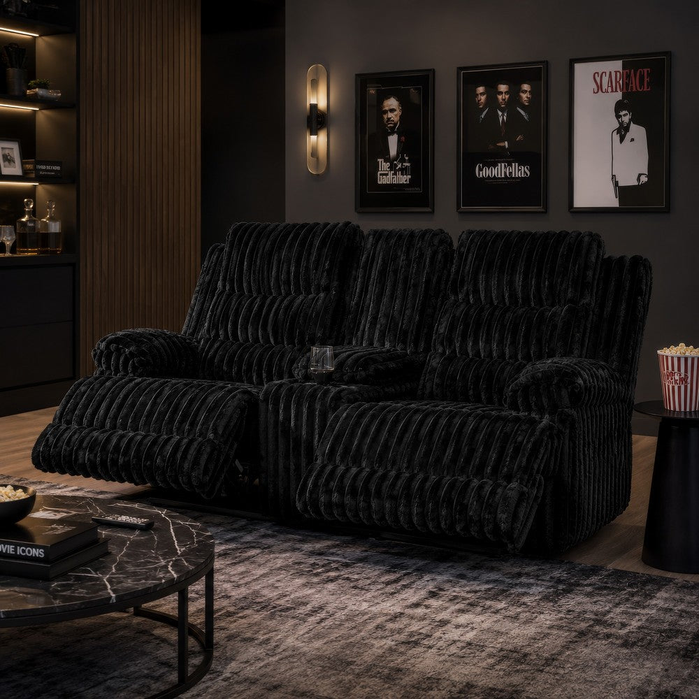 Becca Power Reclining Loveseat Console and Storage | Onyx Black Corduroy