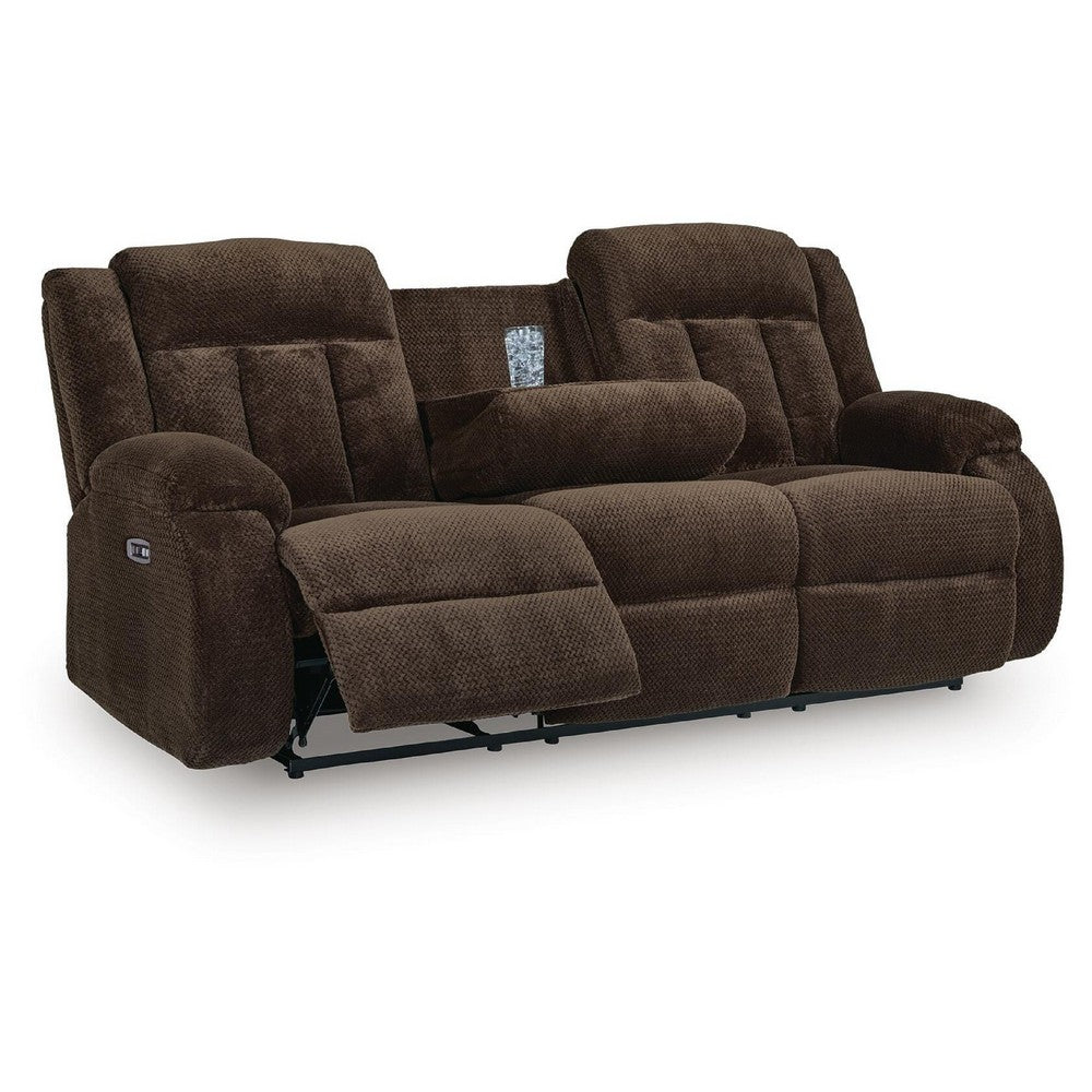 Duke Power Reclining Sofa | Drop Down Table | USB Ports | Brown Polyester 85"