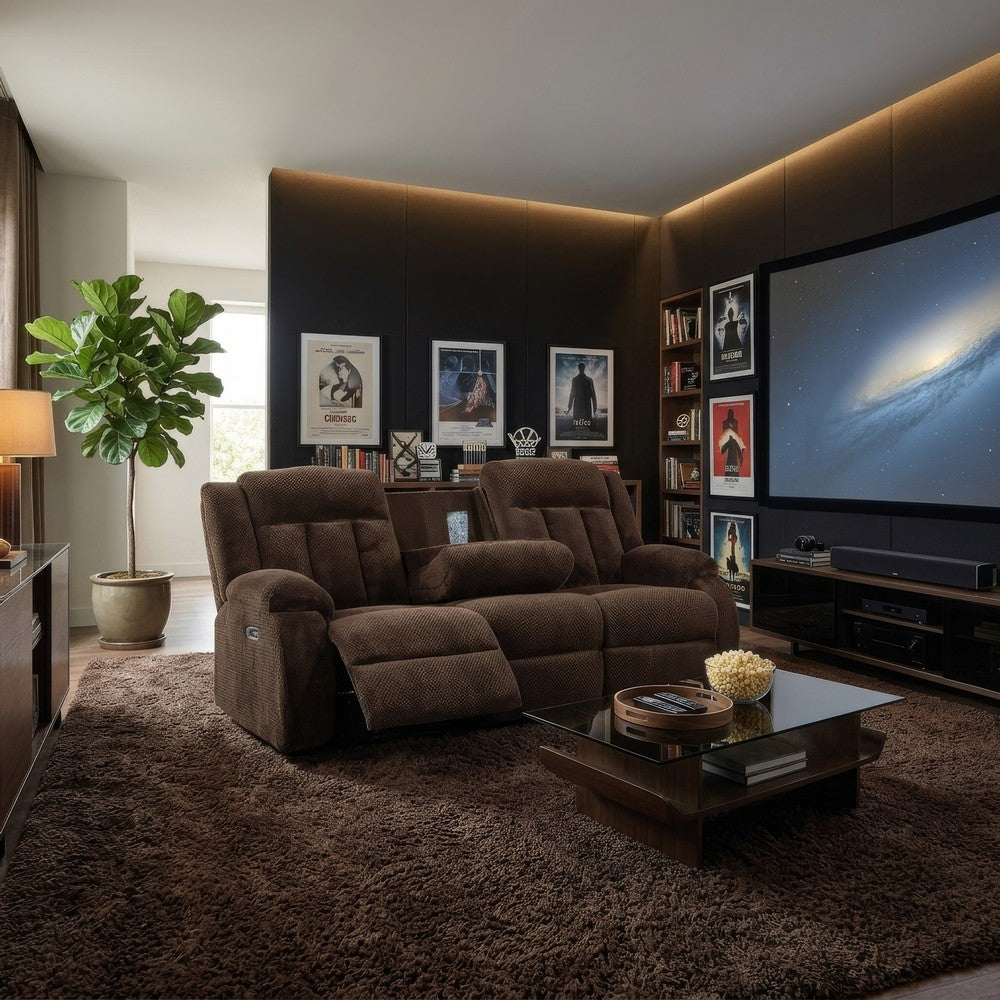 Duke Power Reclining Sofa | Drop Down Table | USB Ports | Brown Polyester 85"