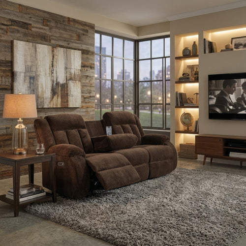 Duke Power Reclining Sofa | Drop Down Table | USB Ports | Brown Polyester 85"