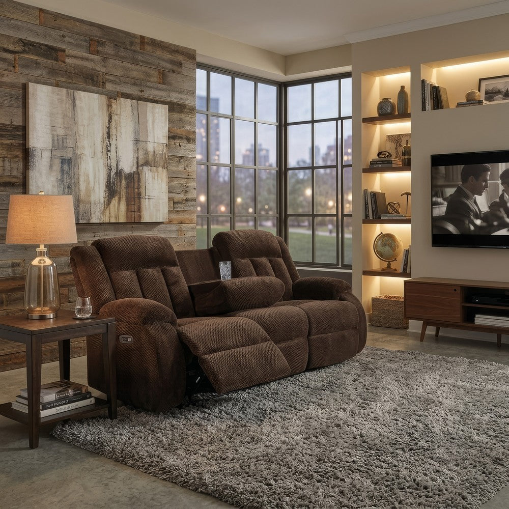 Duke Power Reclining Sofa | Drop Down Table | USB Ports | Brown Polyester 85"