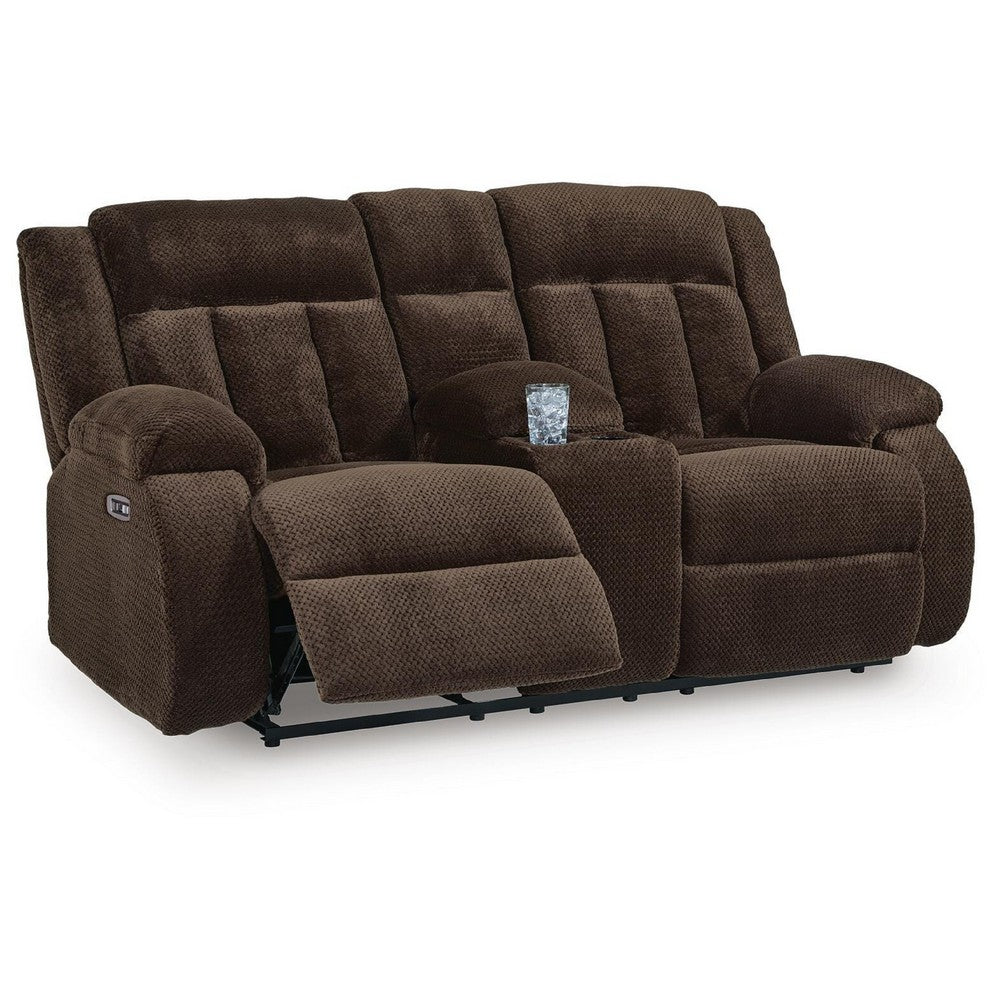 Duke Power Reclining Loveseat with Console | USB Ports | Brown Polyester 75"
