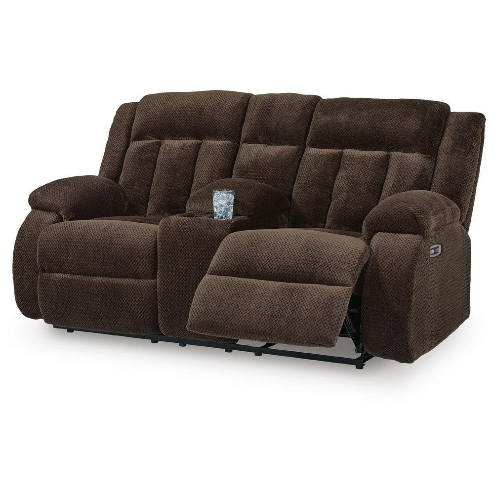Duke Power Reclining Loveseat with Console | USB Ports | Brown Polyester 75"