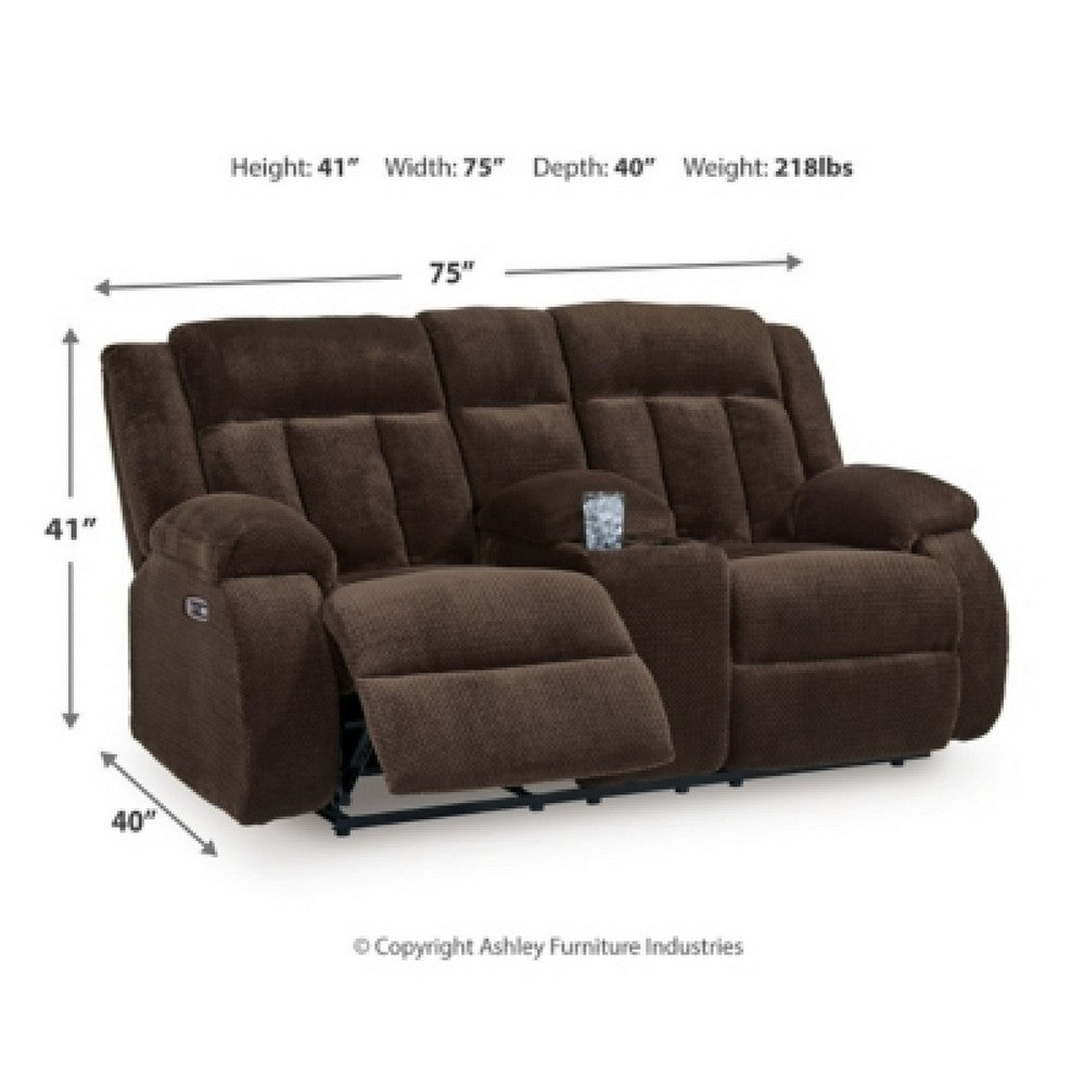 Duke Power Reclining Loveseat with Console | USB Ports | Brown Polyester 75"