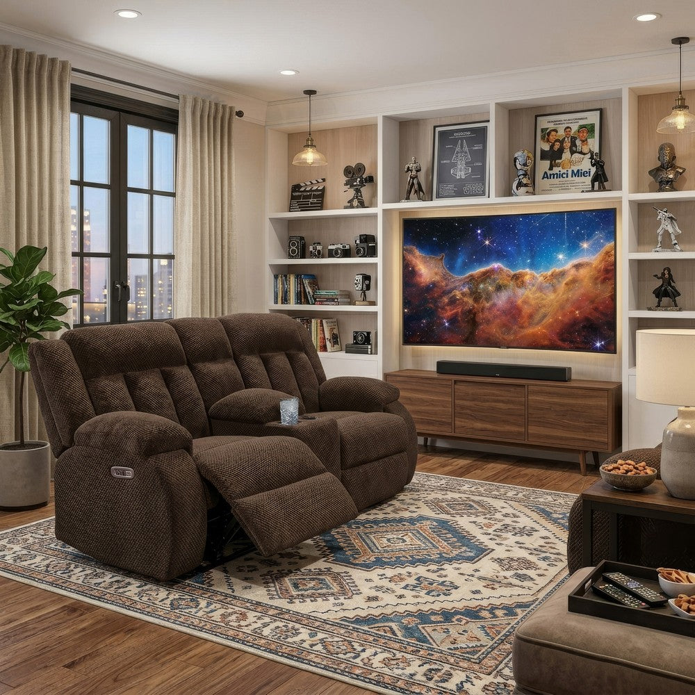 Duke Power Reclining Loveseat with Console | USB Ports | Brown Polyester 75"