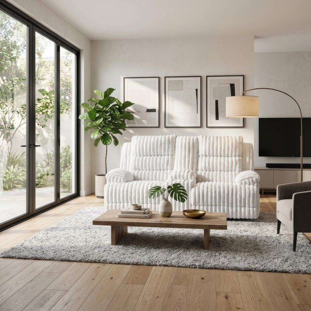 Becca Power Reclining Loveseat w Storage Console | Off White Corduroy 81"