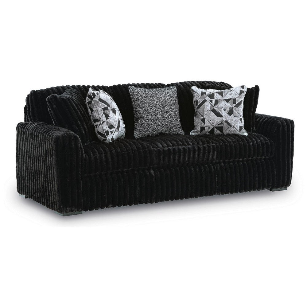Addy Sofa with Plush Cushions and 5 Accent Pillows | Black Corduroy 98"