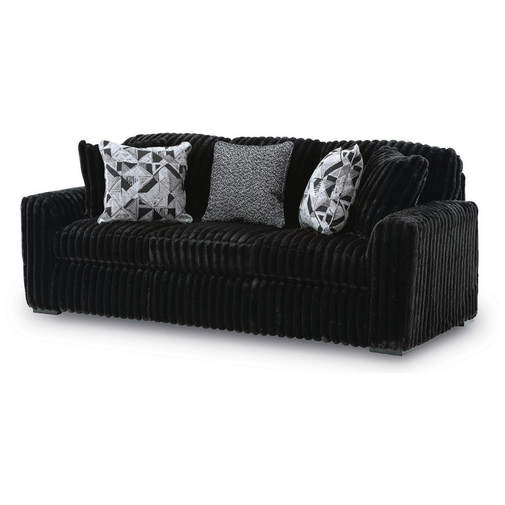 Addy Sofa with Plush Cushions and 5 Accent Pillows | Black Corduroy 98"