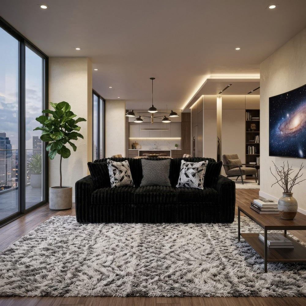 Addy Sofa with Plush Cushions and 5 Accent Pillows | Black Corduroy 98"