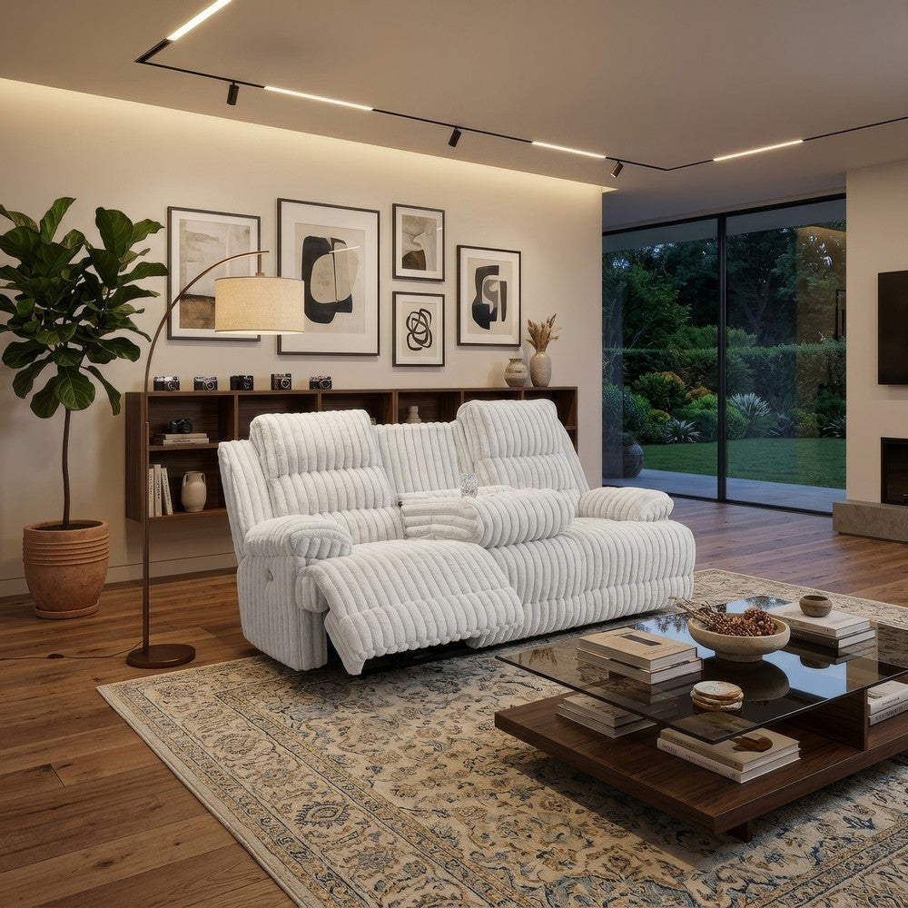 Becca Dual-Power Reclining Sofa with Drop Down Table | Off White Corduroy 91"