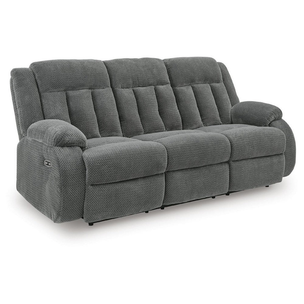 Duke Power Reclining Sofa | Drop Down Table | USB Ports | Gray Polyester 85"