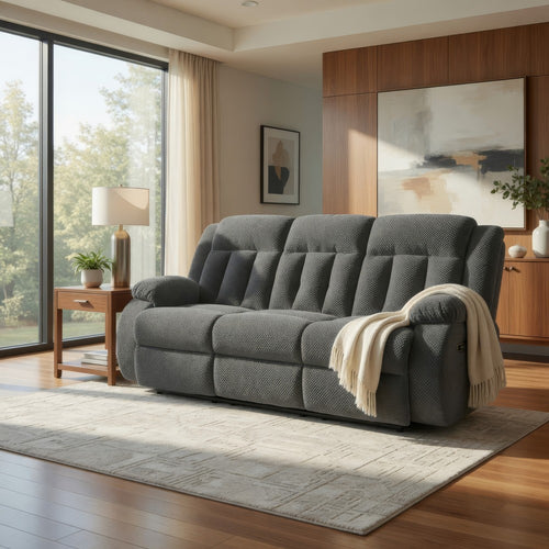 Duke Power Reclining Sofa | Drop Down Table | USB Ports | Gray Polyester 85"