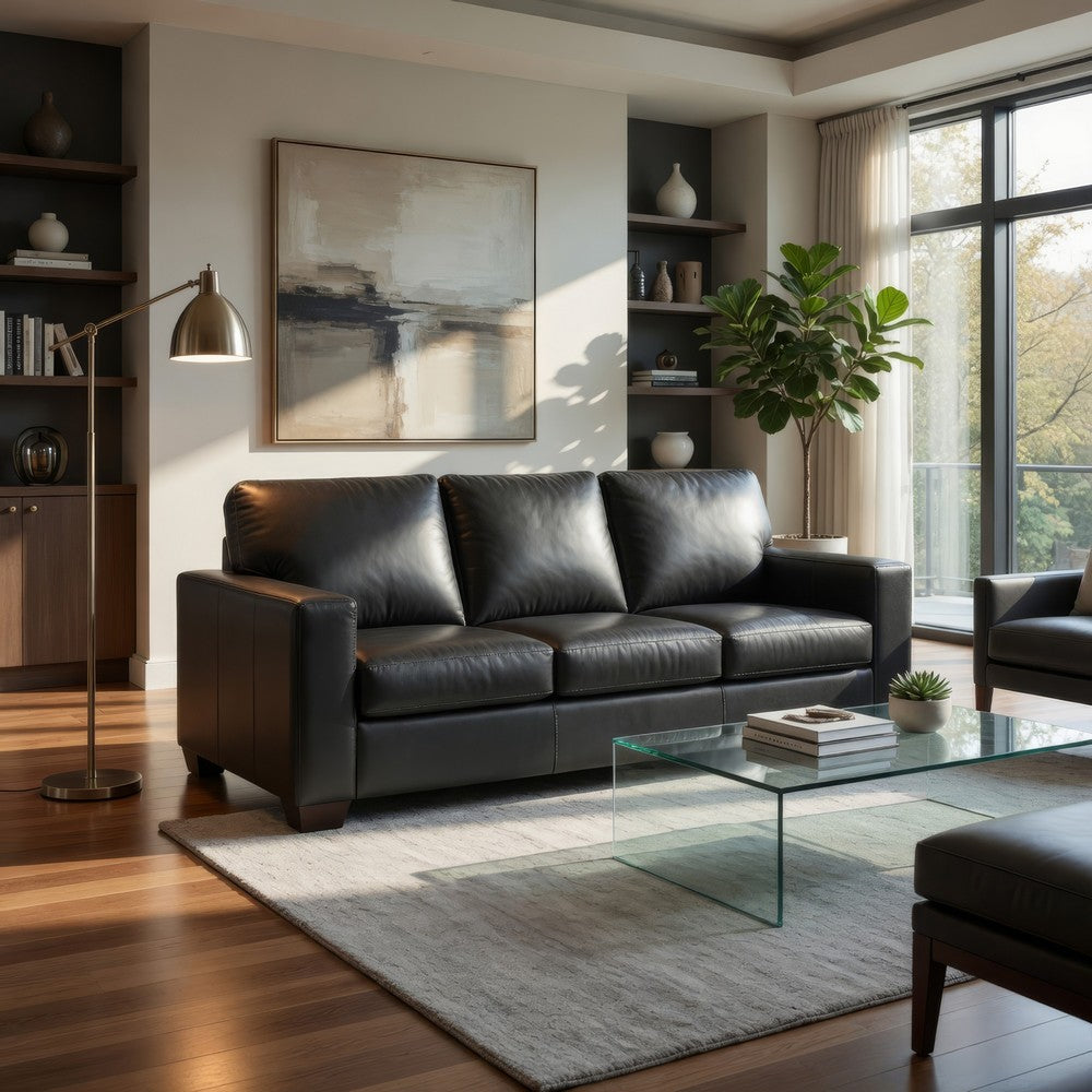 Miller Sofa with Exposed Wooden Feet | Blue Leather-Faux Leather 85"