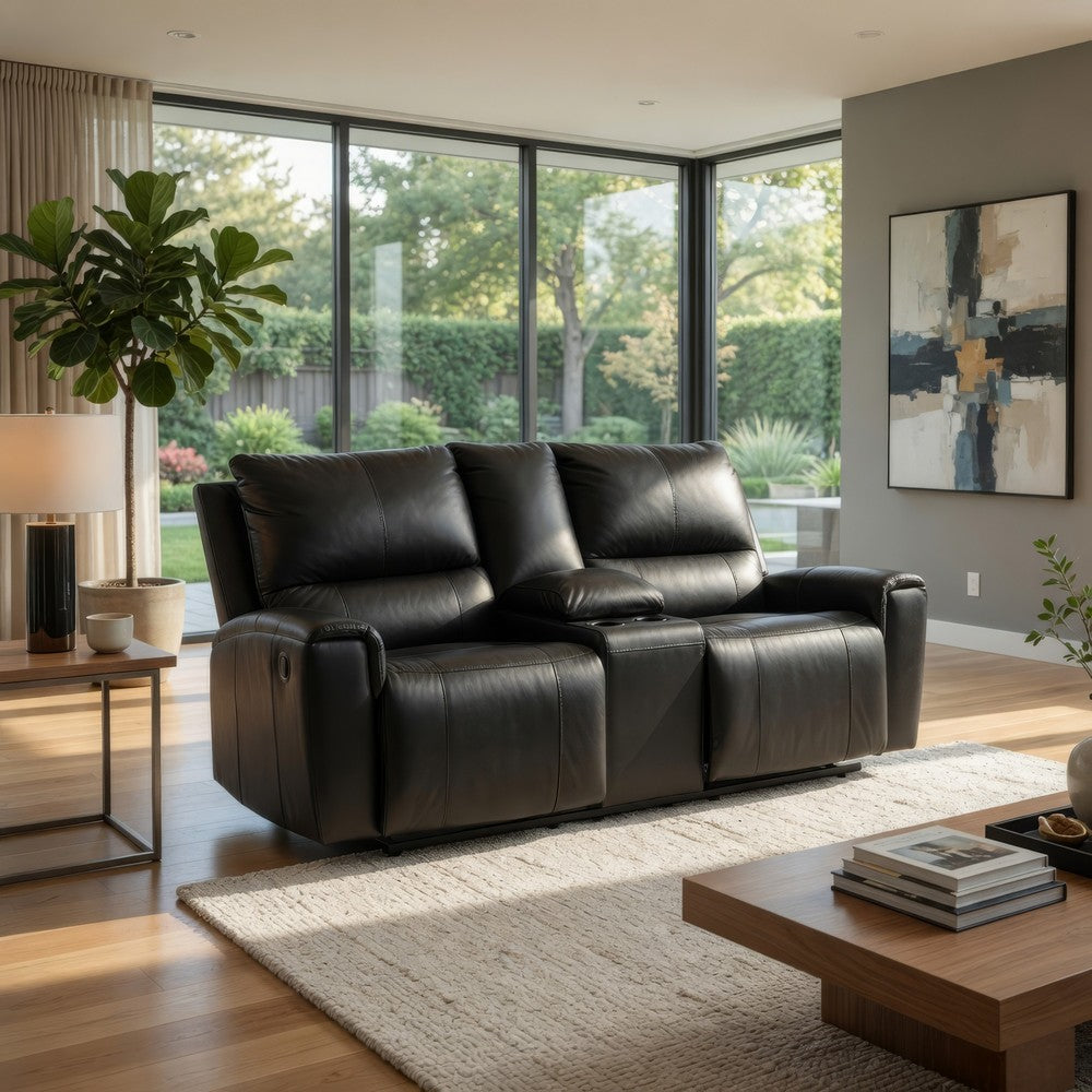 Larry Reclining Loveseat with Console and Cup Holders | Black Leather 74"
