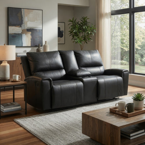 Larry Reclining Loveseat with Console and Cup Holders | Black Leather 74"
